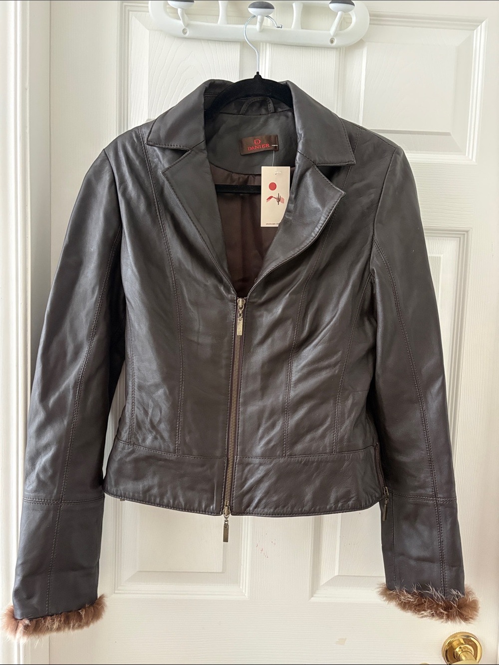 Danier Dark Brown Leather Zip-Front Jacket with Faux Fur Cuffs
